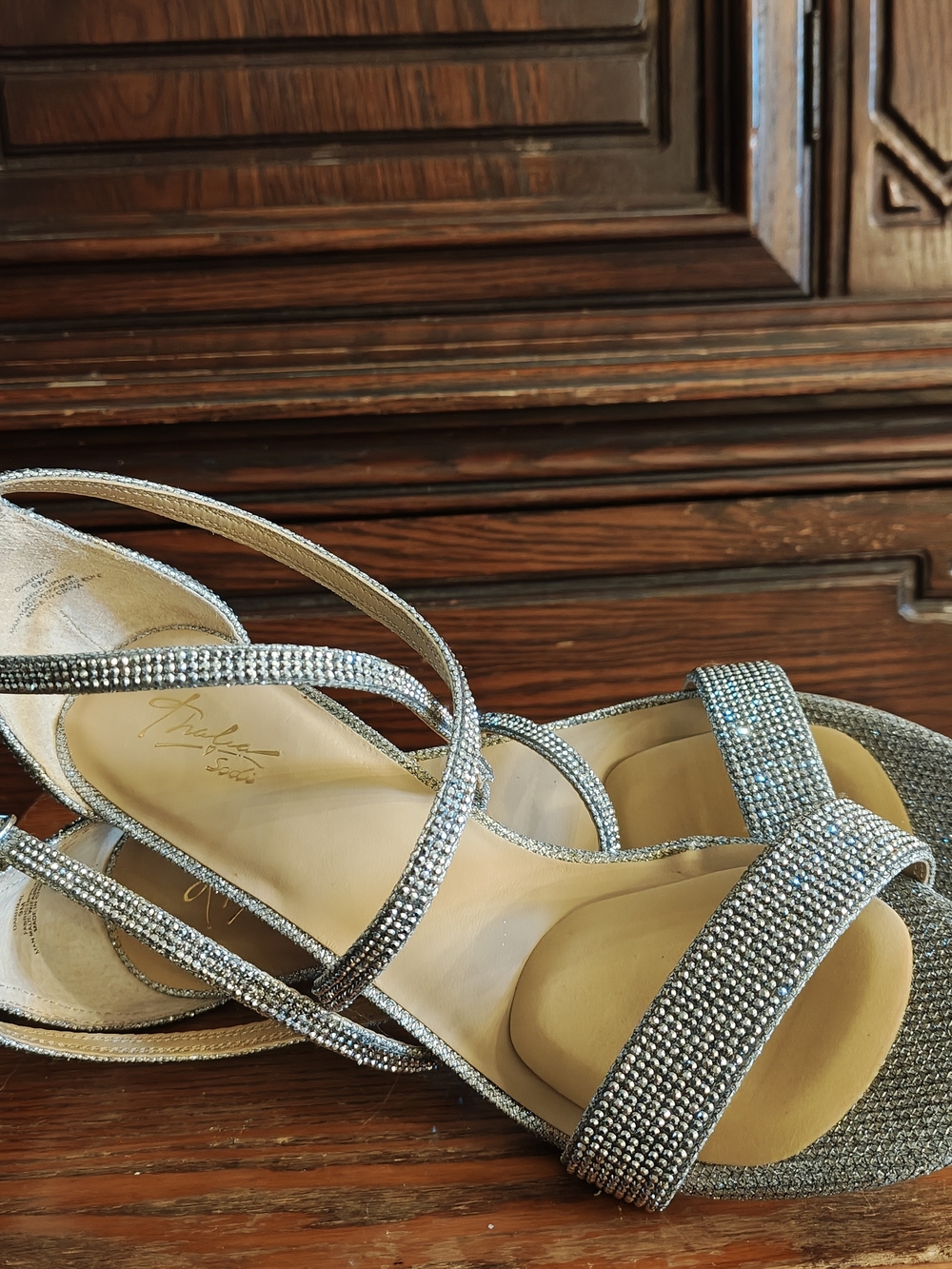 Thalia Sodi Darria Silver Rhinestone Strappy Heels size 9